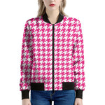 Hot Pink And White Houndstooth Print Women's Bomber Jacket