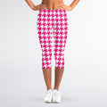 Hot Pink And White Houndstooth Print Women's Capri Leggings