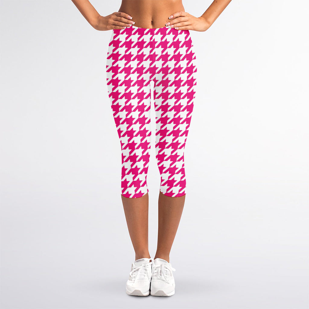 Hot Pink And White Houndstooth Print Women's Capri Leggings