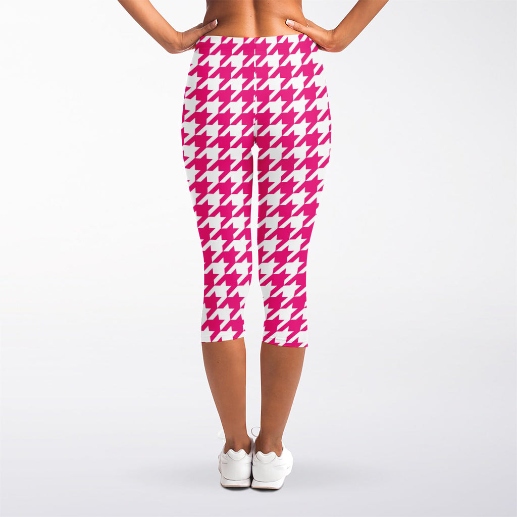Hot Pink And White Houndstooth Print Women's Capri Leggings