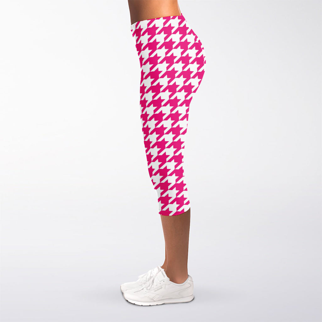 Hot Pink And White Houndstooth Print Women's Capri Leggings