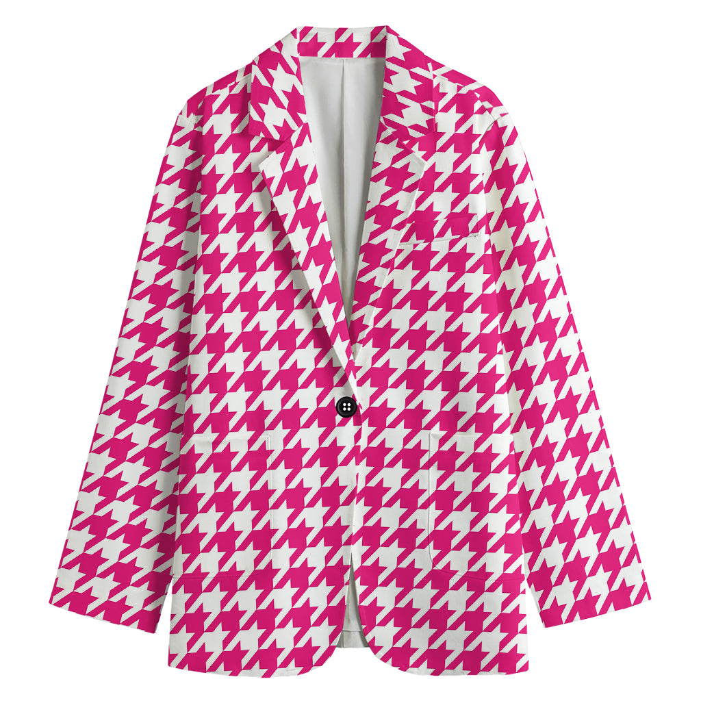 Hot Pink And White Houndstooth Print Women's Cotton Blazer