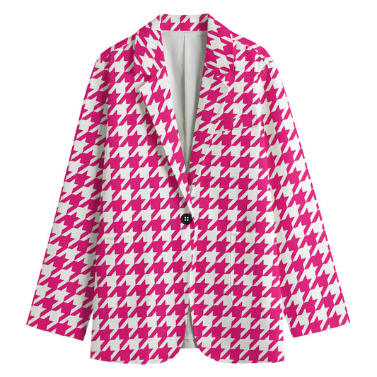 Hot Pink And White Houndstooth Print Women's Cotton Blazer