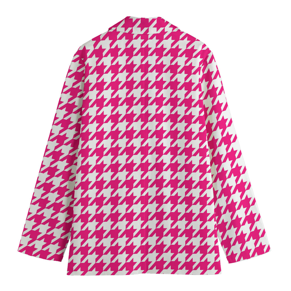 Hot Pink And White Houndstooth Print Women's Cotton Blazer