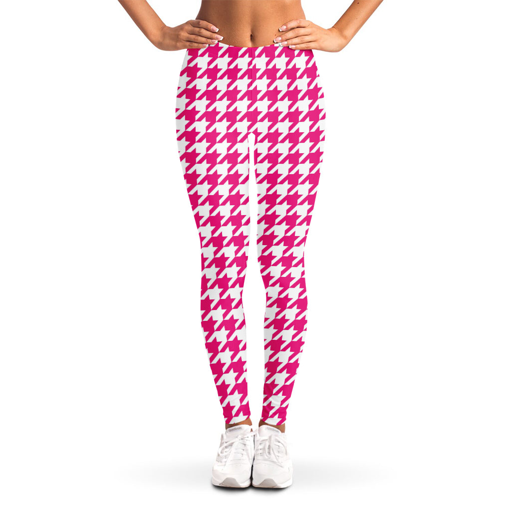 Hot Pink And White Houndstooth Print Women's Leggings