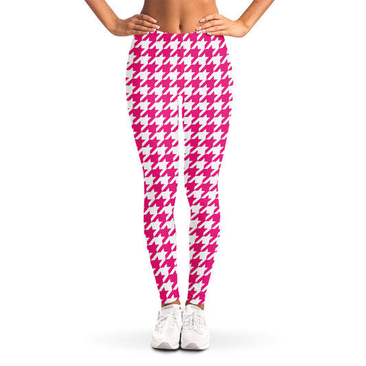 Hot Pink And White Houndstooth Print Women's Leggings