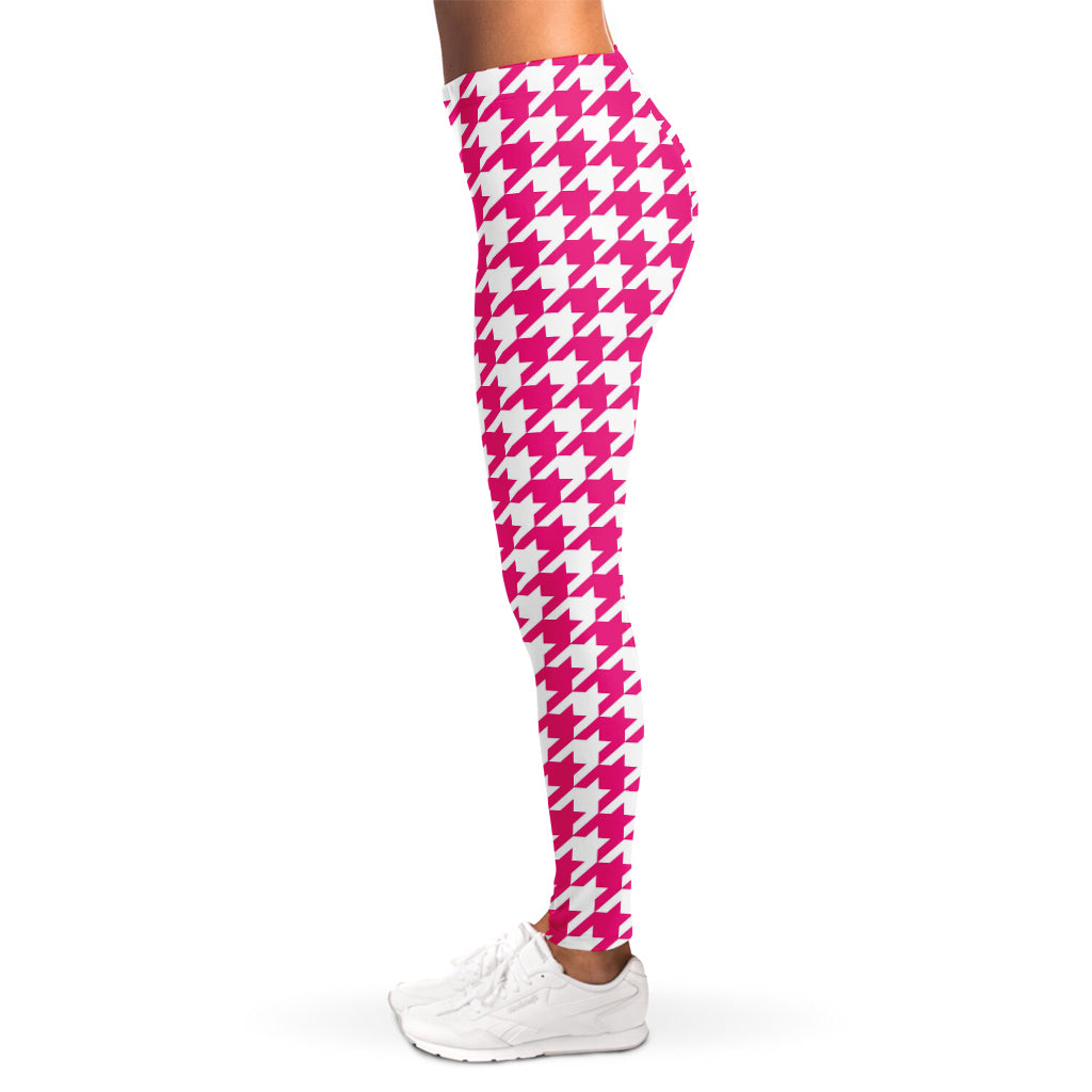 Hot Pink And White Houndstooth Print Women's Leggings