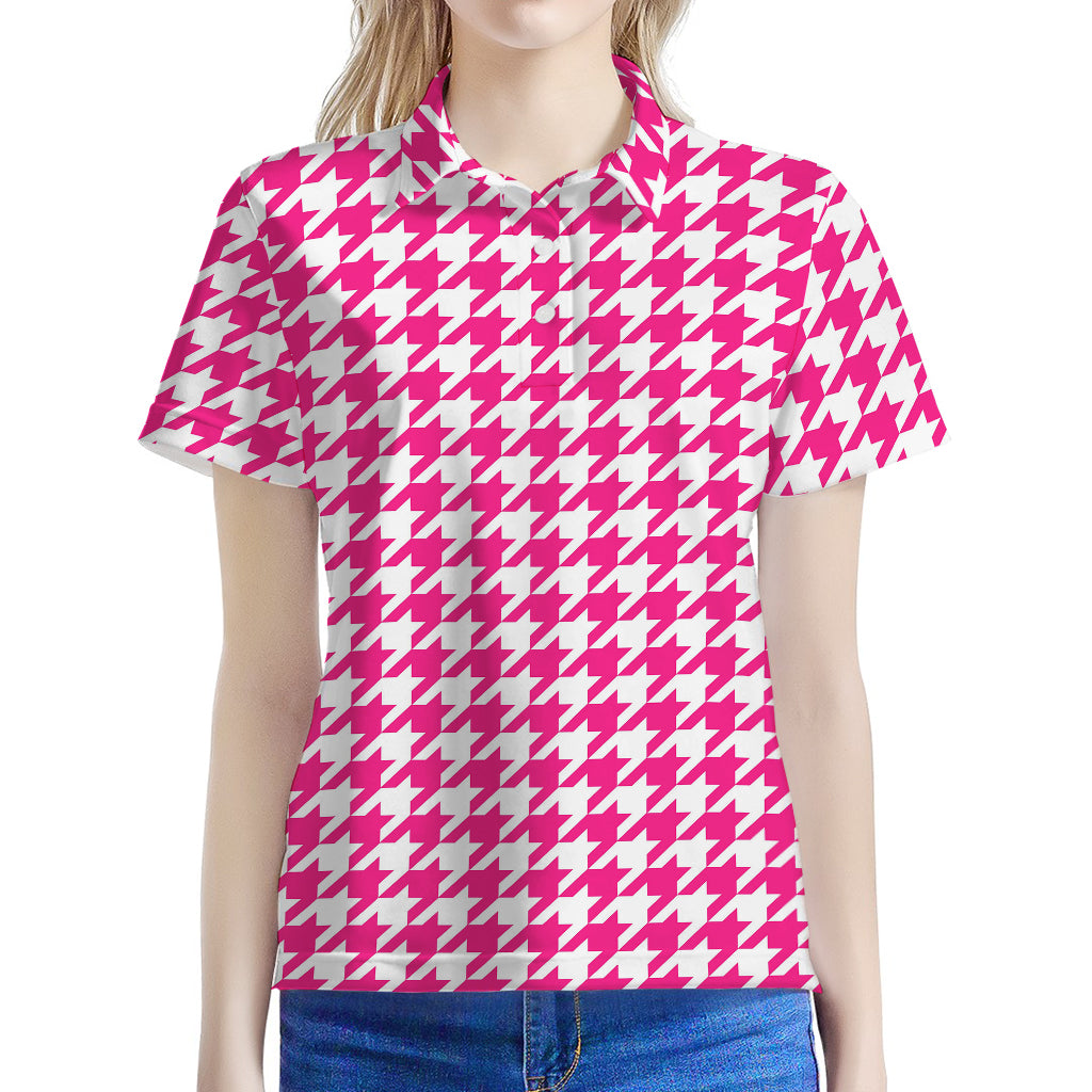 Hot Pink And White Houndstooth Print Women's Polo Shirt