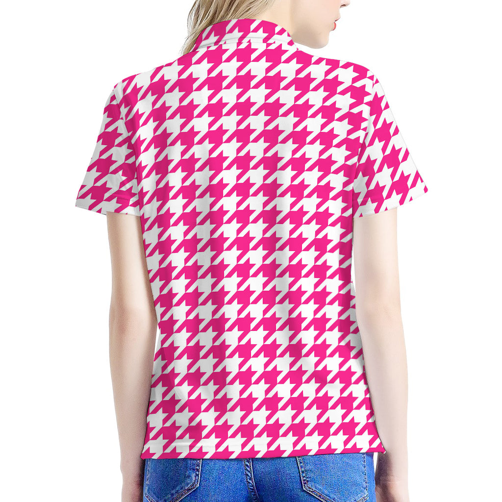 Hot Pink And White Houndstooth Print Women's Polo Shirt