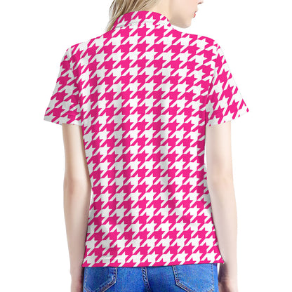 Hot Pink And White Houndstooth Print Women's Polo Shirt