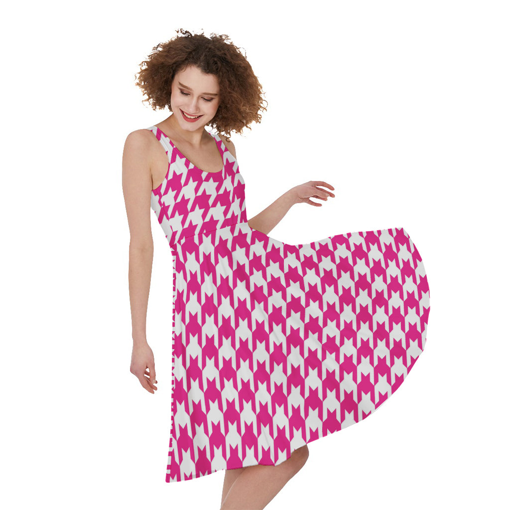 Hot Pink And White Houndstooth Print Women's Sleeveless Dress