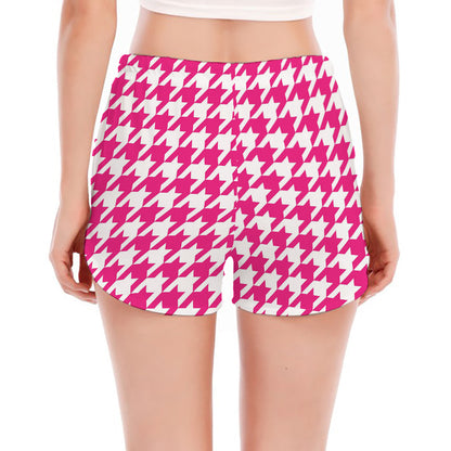 Hot Pink And White Houndstooth Print Women's Split Running Shorts