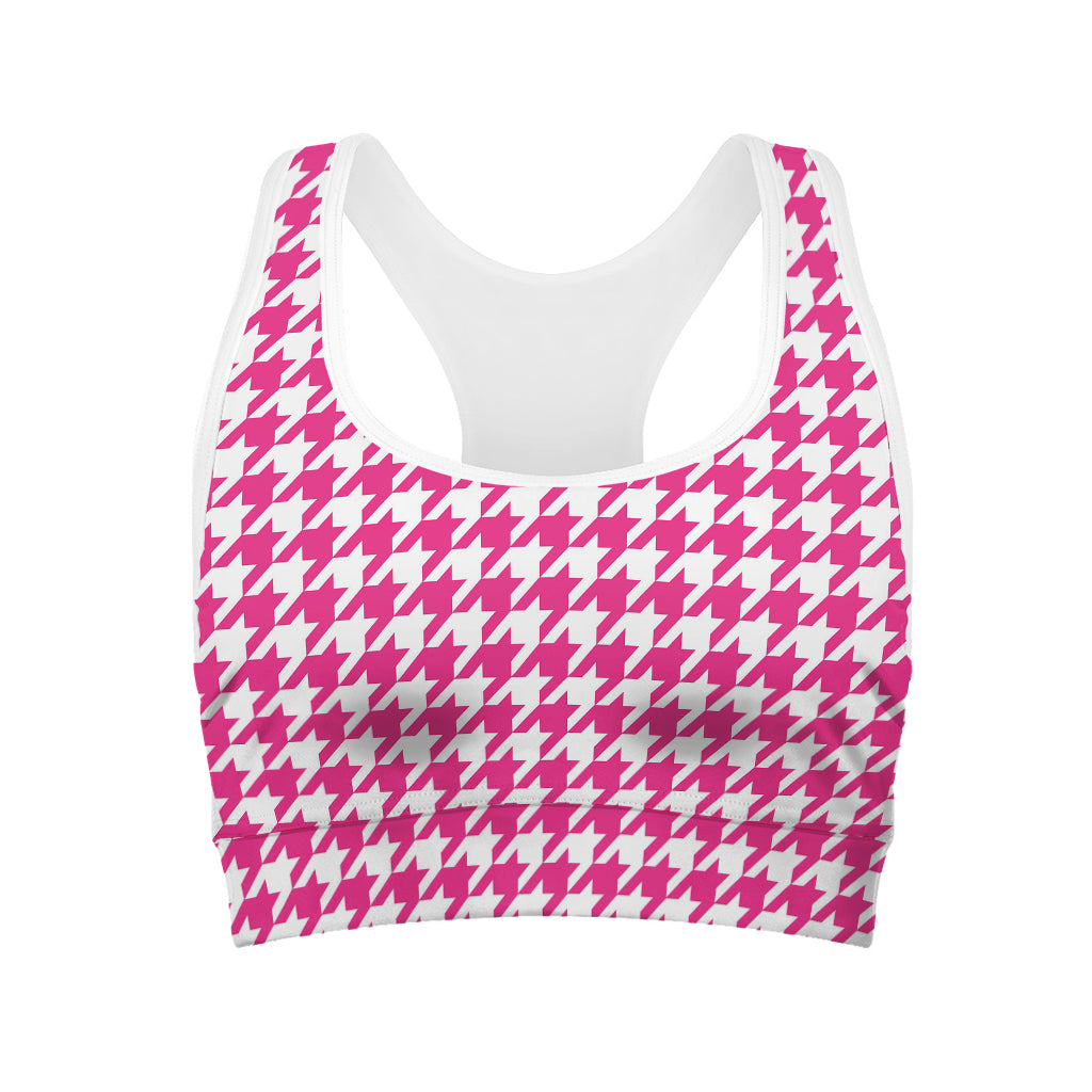 Hot Pink And White Houndstooth Print Women's Sports Bra