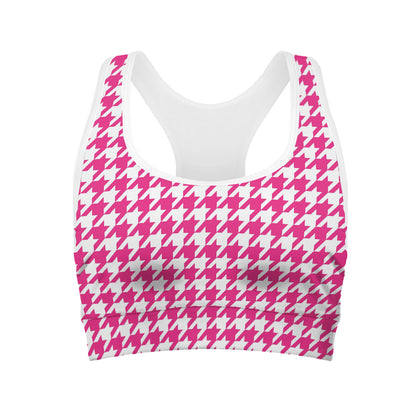 Hot Pink And White Houndstooth Print Women's Sports Bra