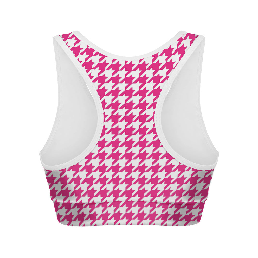 Hot Pink And White Houndstooth Print Women's Sports Bra
