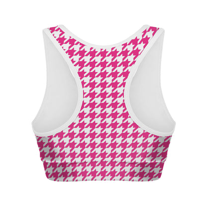 Hot Pink And White Houndstooth Print Women's Sports Bra