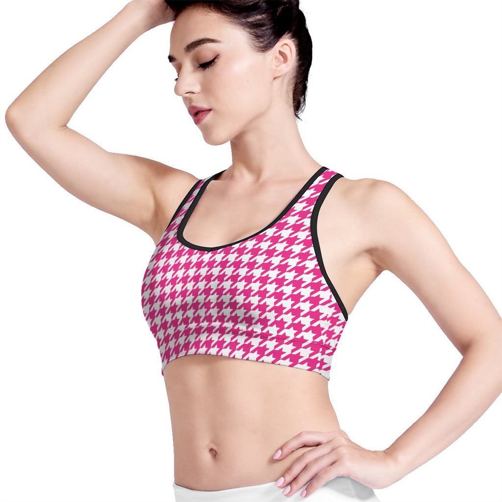 Hot Pink And White Houndstooth Print Women's Sports Bra