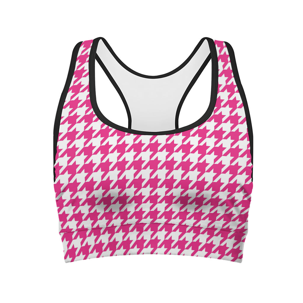 Hot Pink And White Houndstooth Print Women's Sports Bra