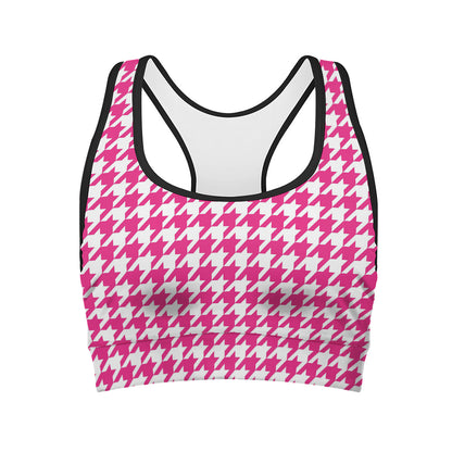 Hot Pink And White Houndstooth Print Women's Sports Bra