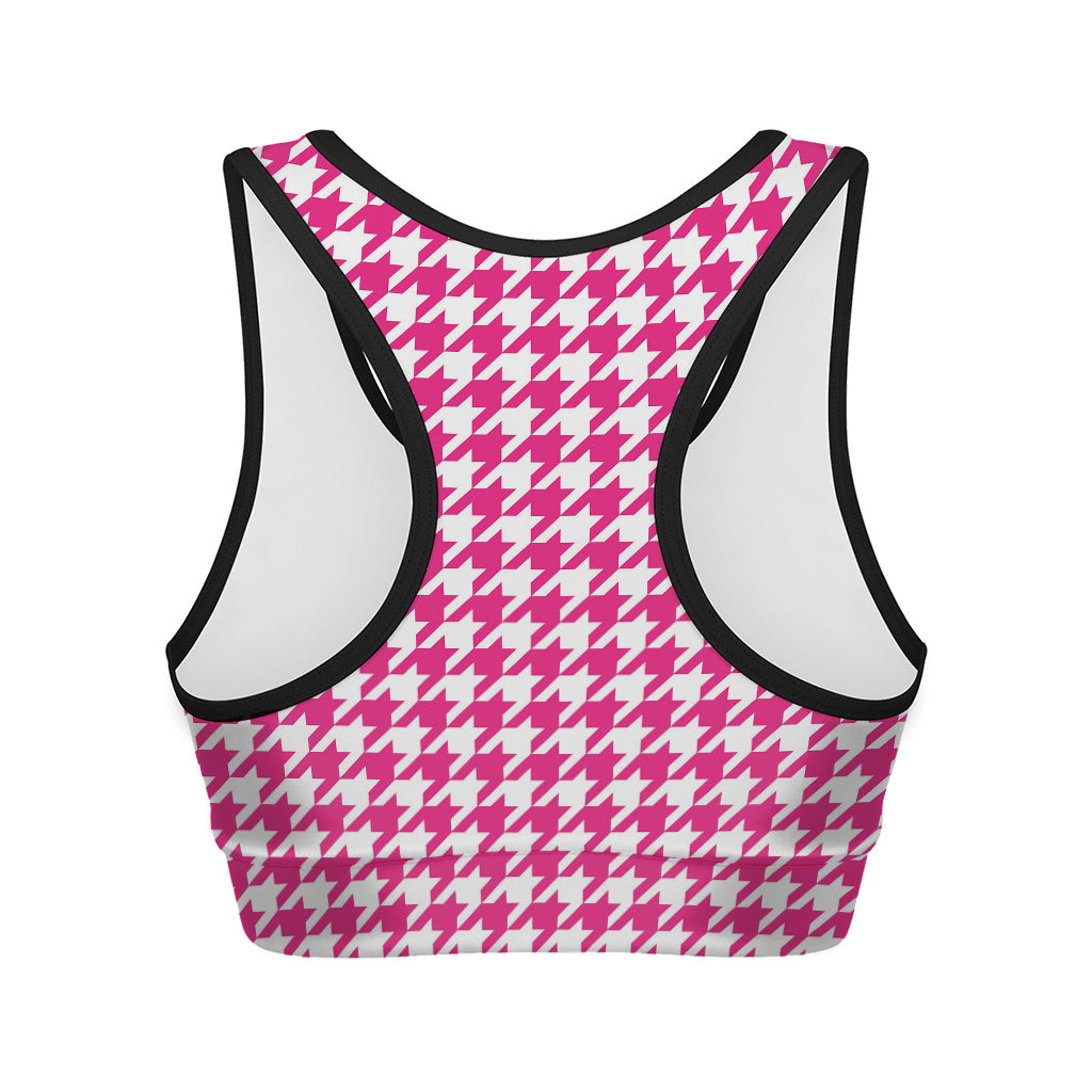 Hot Pink And White Houndstooth Print Women's Sports Bra