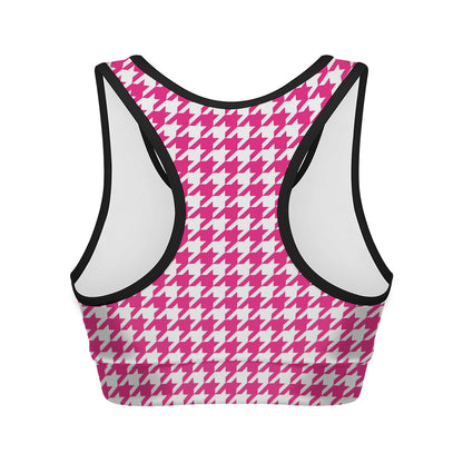 Hot Pink And White Houndstooth Print Women's Sports Bra
