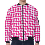 Hot Pink And White Houndstooth Print Zip Sleeve Bomber Jacket