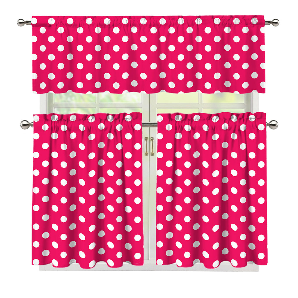 Hot Pink And White Polka Dot Print 3 Piece Kitchen Curtains