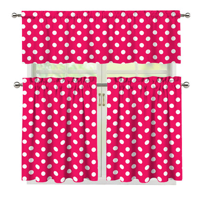 Hot Pink And White Polka Dot Print 3 Piece Kitchen Curtains
