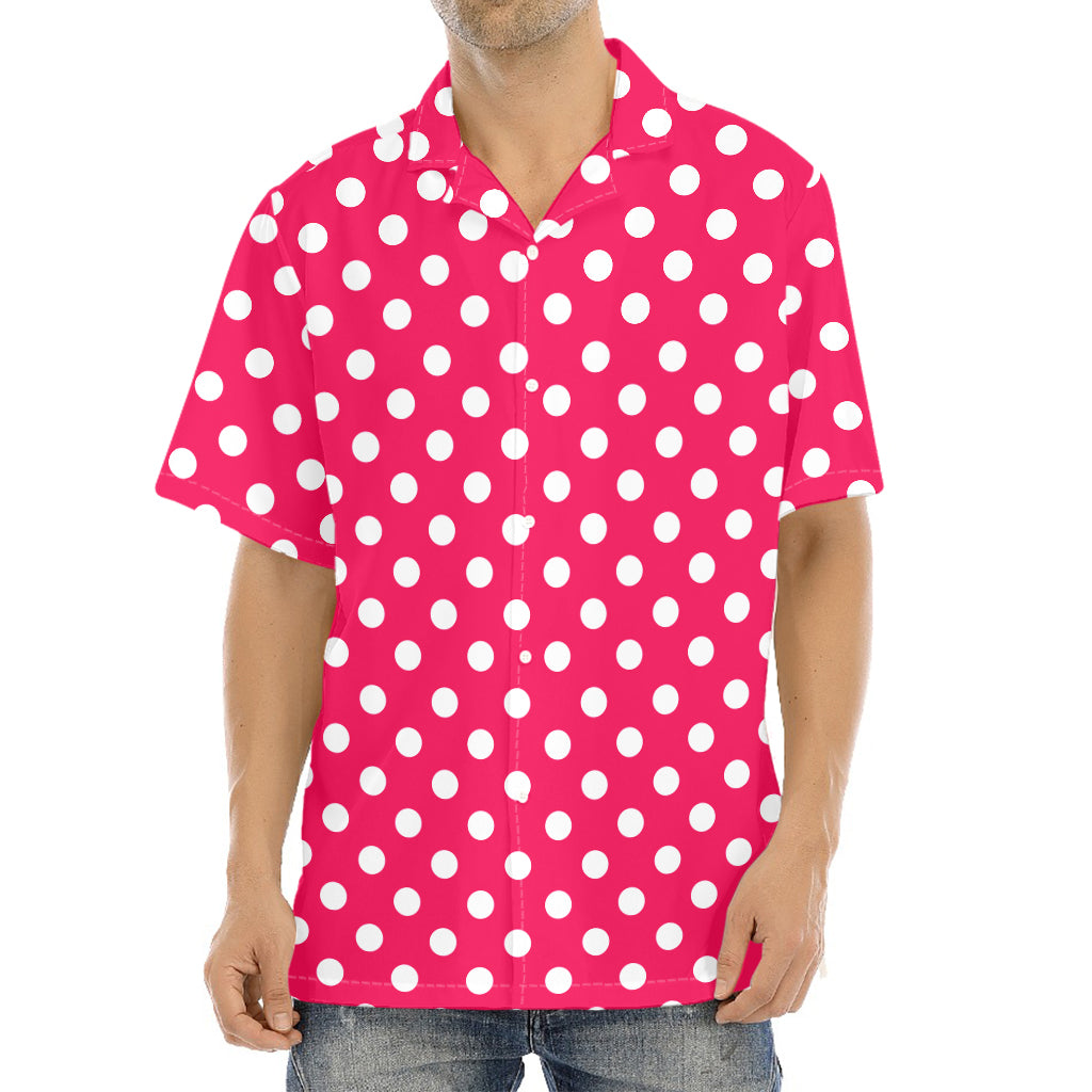 Hot Pink And White Polka Dot Print Aloha Shirt