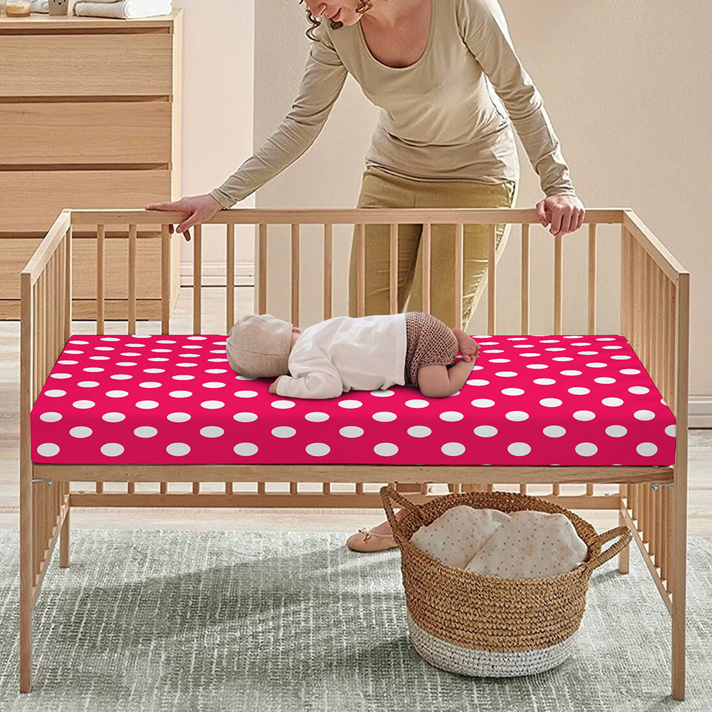 Hot Pink And White Polka Dot Print Baby Crib Sheet
