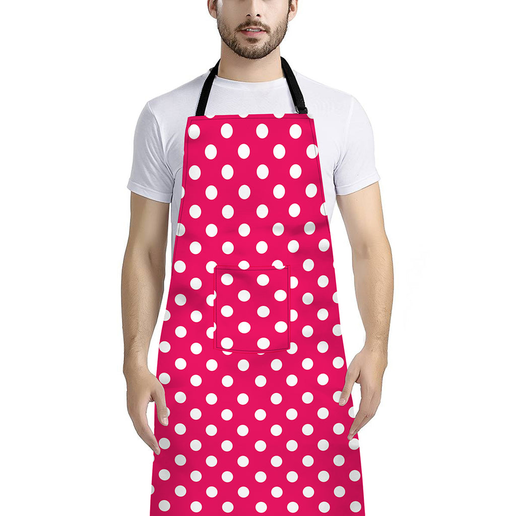 Hot Pink And White Polka Dot Print Bib Apron With Pocket
