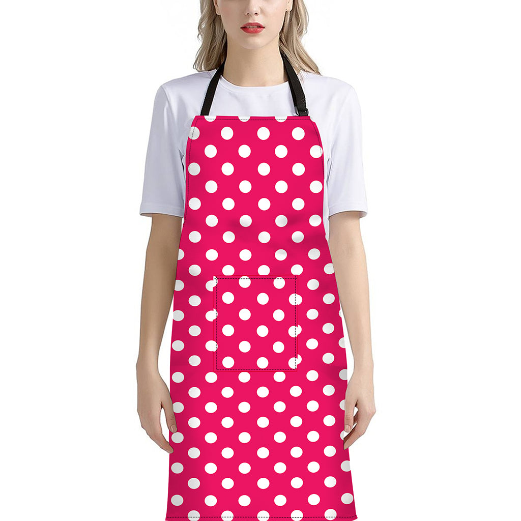 Hot Pink And White Polka Dot Print Bib Apron With Pocket