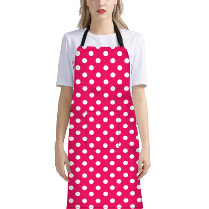 Hot Pink And White Polka Dot Print Bib Apron With Pocket