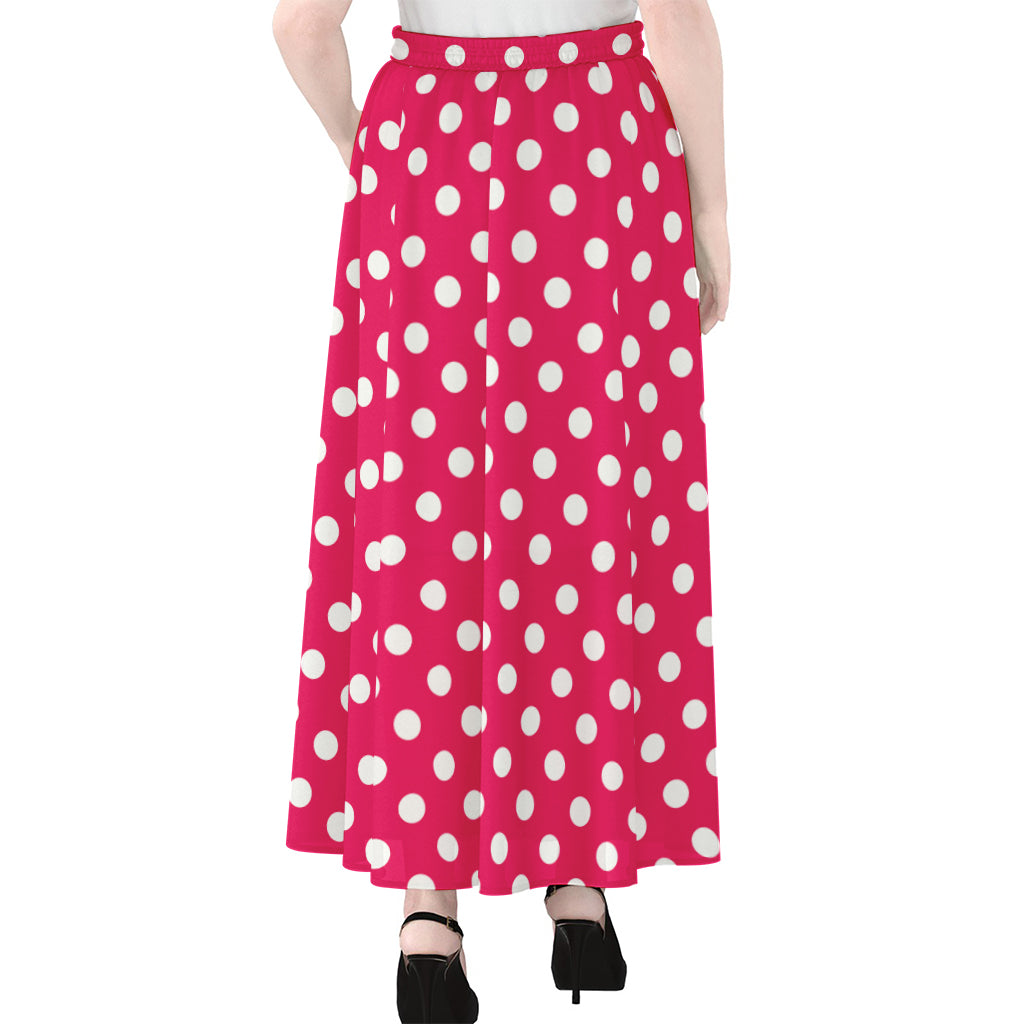 Hot Pink And White Polka Dot Print Chiffon Maxi Skirt