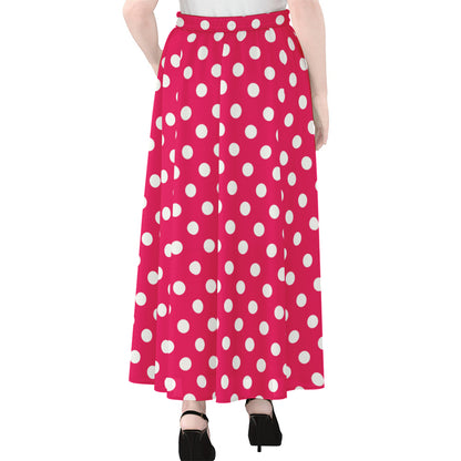 Hot Pink And White Polka Dot Print Chiffon Maxi Skirt