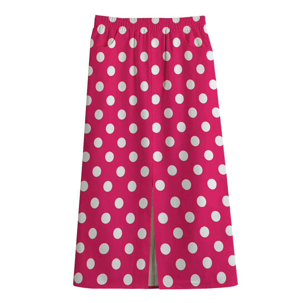 Hot Pink And White Polka Dot Print Cotton Front Slit Maxi Skirt