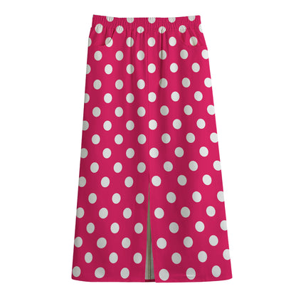 Hot Pink And White Polka Dot Print Cotton Front Slit Maxi Skirt