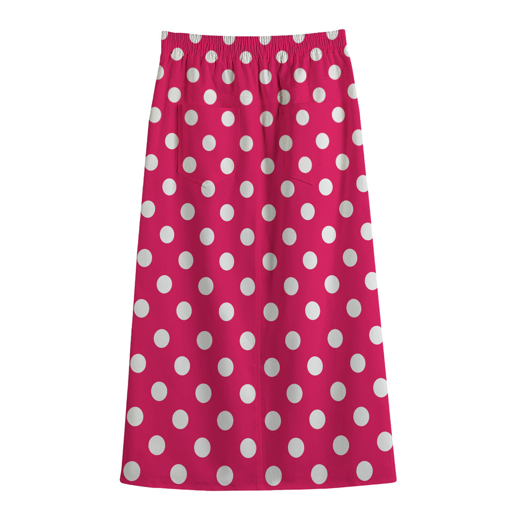 Hot Pink And White Polka Dot Print Cotton Front Slit Maxi Skirt