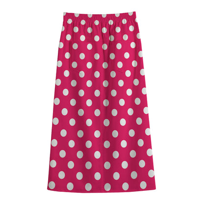 Hot Pink And White Polka Dot Print Cotton Front Slit Maxi Skirt