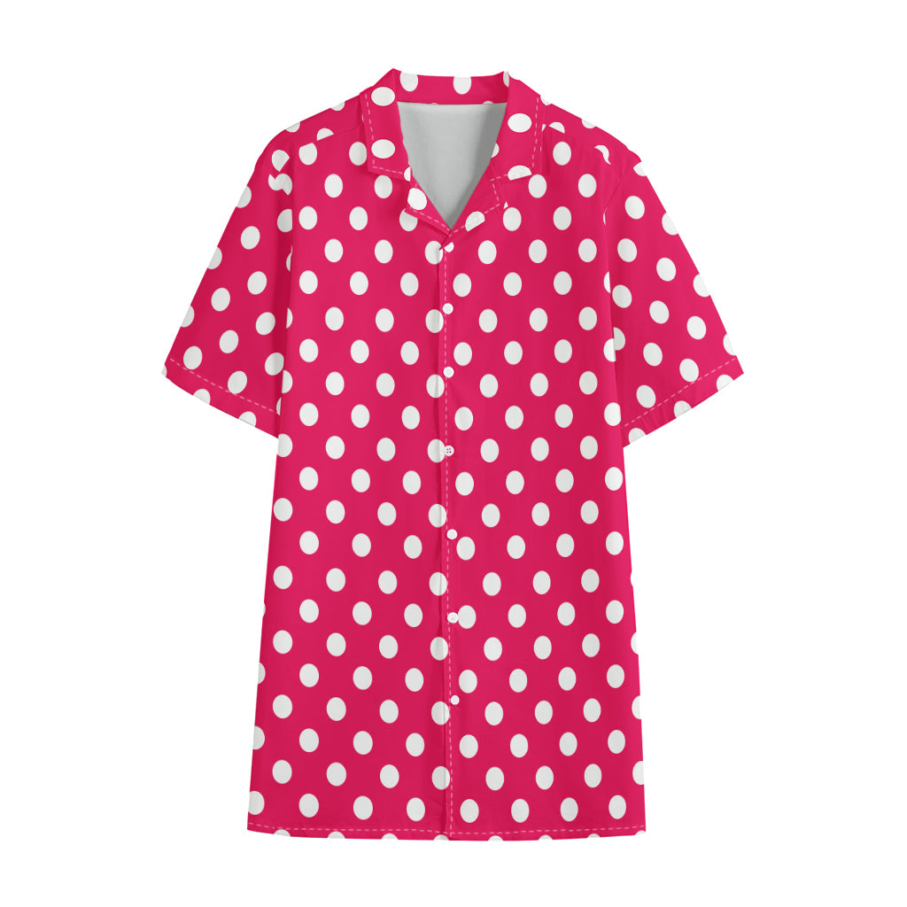 Hot Pink And White Polka Dot Print Cotton Hawaiian Shirt