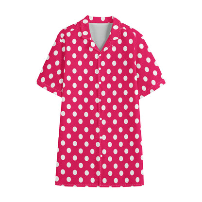 Hot Pink And White Polka Dot Print Cotton Hawaiian Shirt