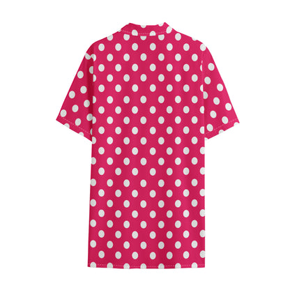 Hot Pink And White Polka Dot Print Cotton Hawaiian Shirt