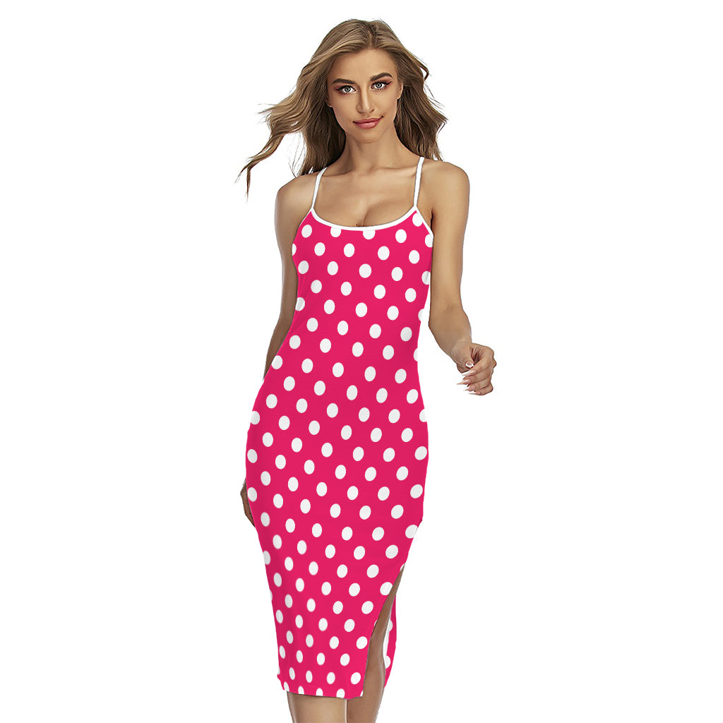 Hot Pink And White Polka Dot Print Cross Back Cami Dress