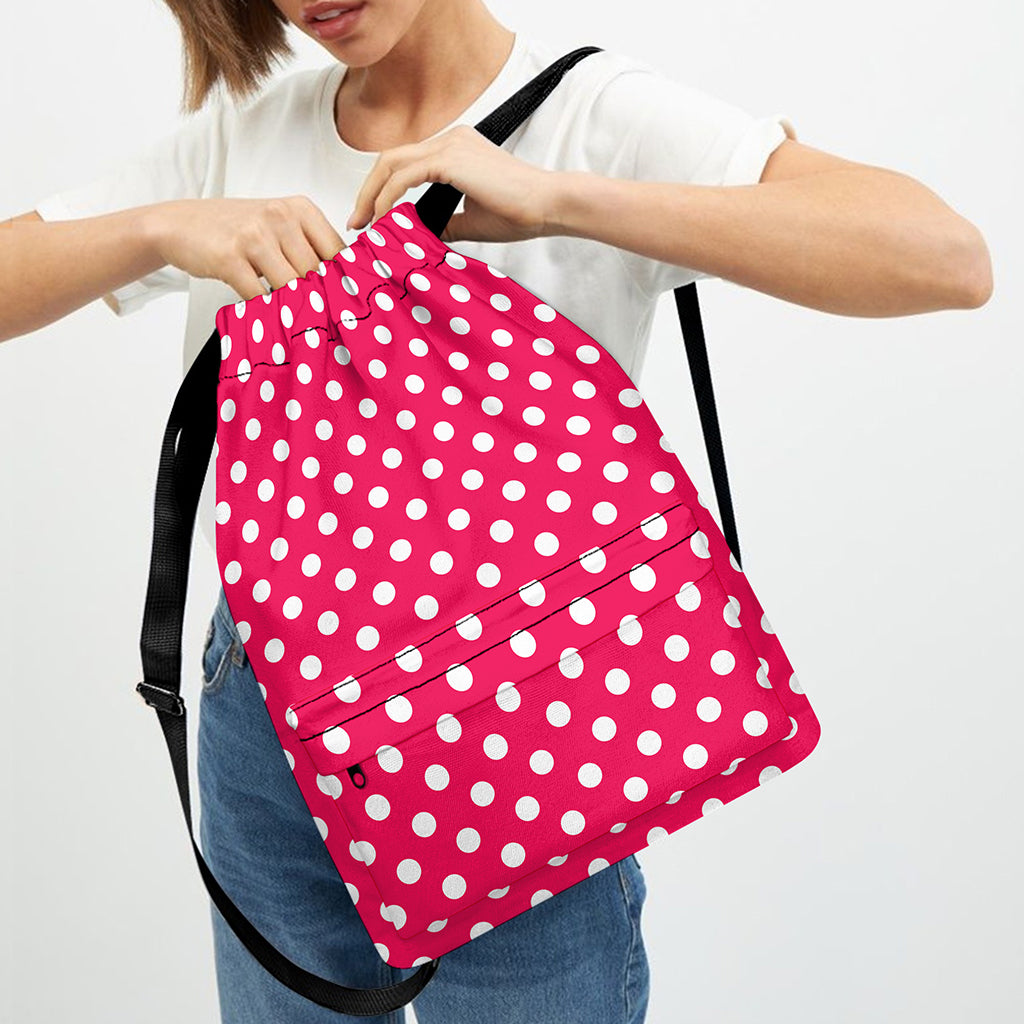 Hot Pink And White Polka Dot Print Drawstring Backpack