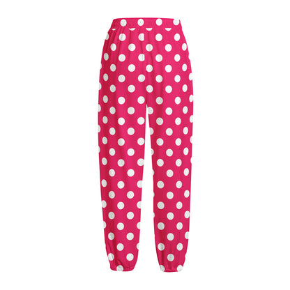 Hot Pink And White Polka Dot Print Fleece Lined Knit Pants
