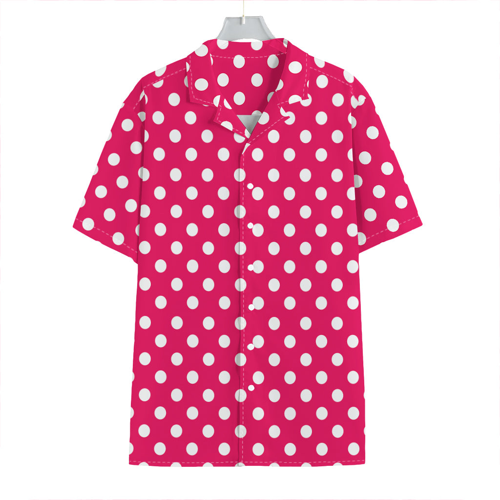 Hot Pink And White Polka Dot Print Hawaiian Shirt