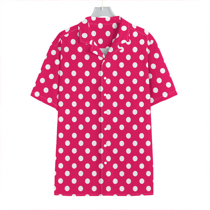 Hot Pink And White Polka Dot Print Hawaiian Shirt