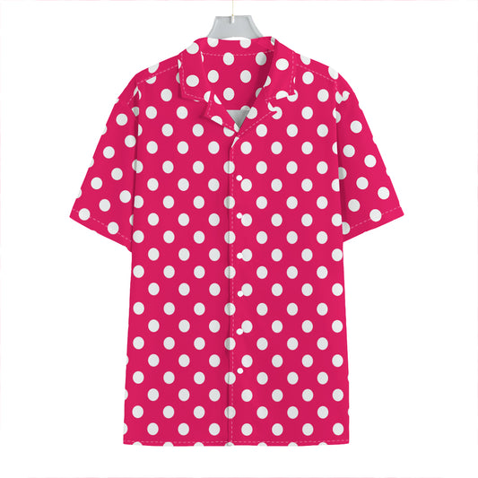 Hot Pink And White Polka Dot Print Hawaiian Shirt