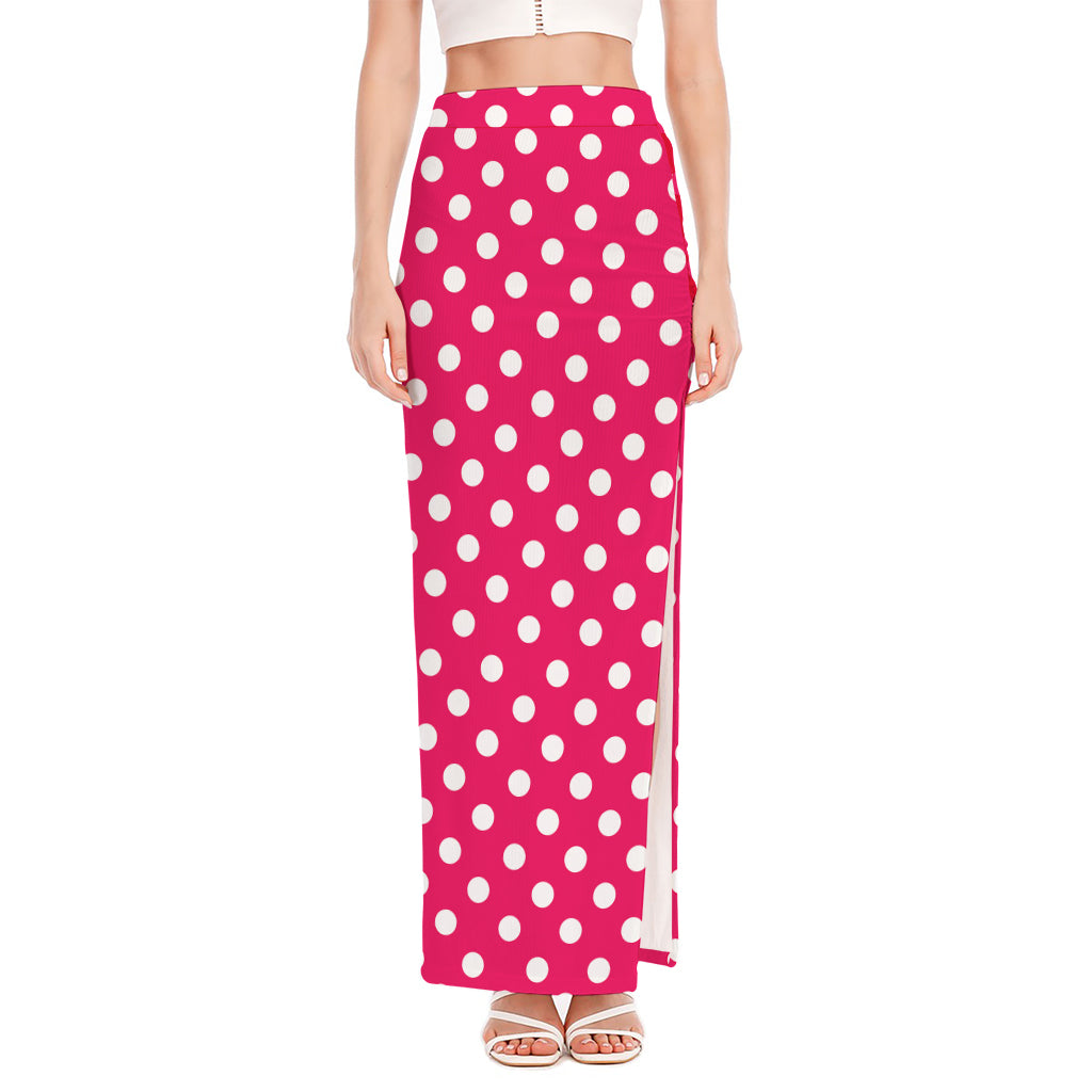Hot Pink And White Polka Dot Print High Slit Maxi Skirt