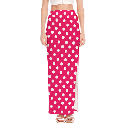 Hot Pink And White Polka Dot Print High Slit Maxi Skirt